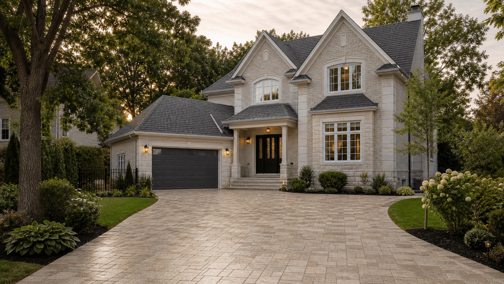Pale stone Montreal home with a restored interlocking driveway